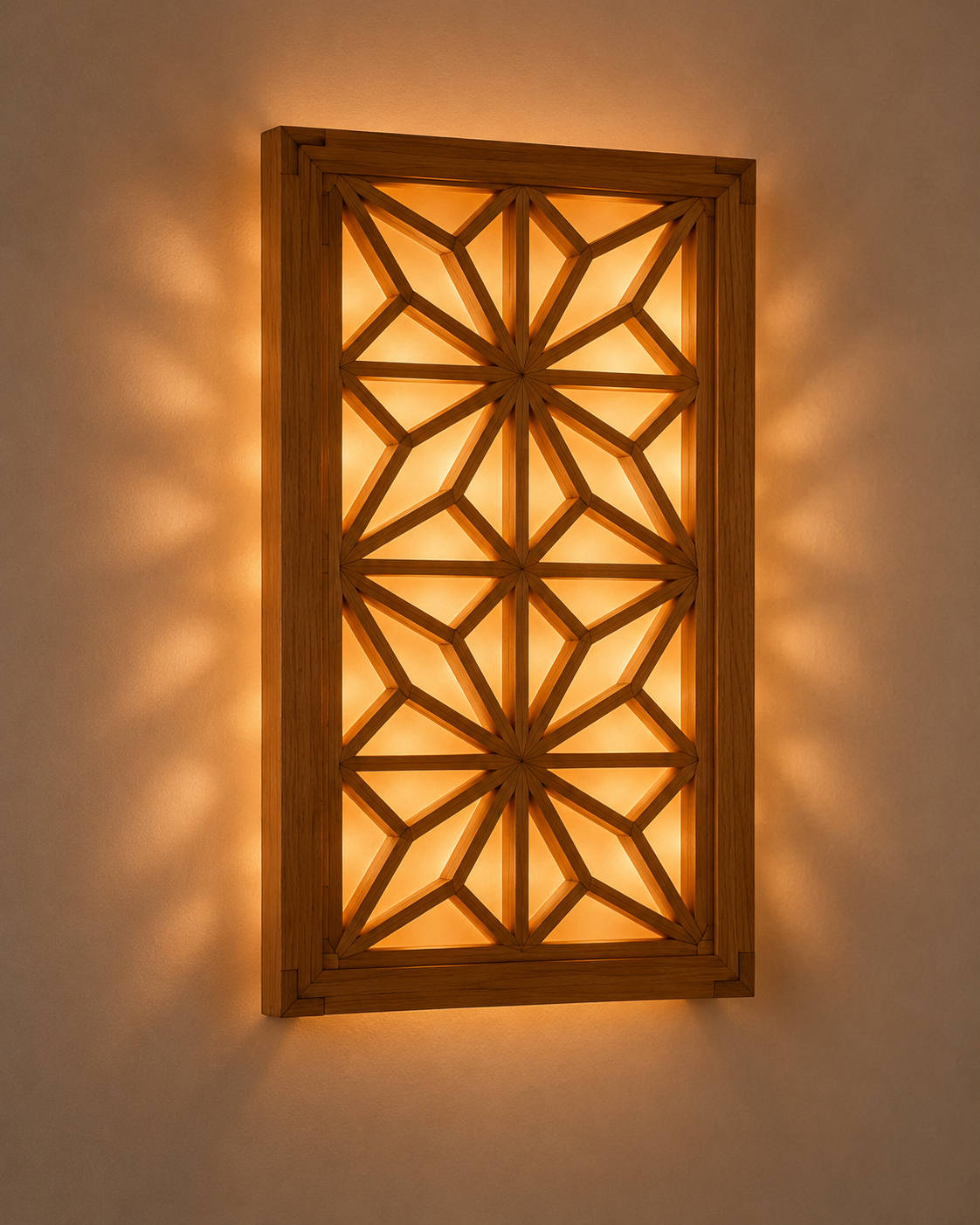A Kumiko-patterned wood wall panel with integrated backlighting, mounted on a wall